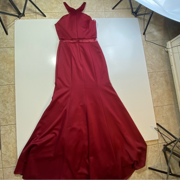 May Queen CoutureUSA Maroon MeshPanels Sleeveless High Neck Maxi Formal Dress 10 - Picture 6 of 16